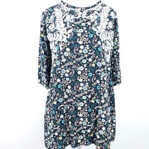 Floral Tunic Top Shirt Embroidered Keyhole Back Large Boho Country Grannycore